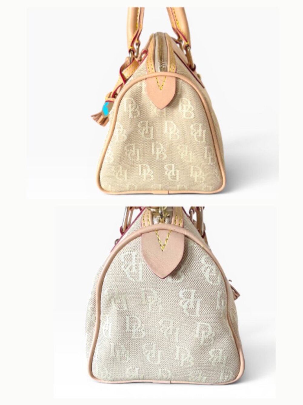 Dooney & Bourke Beige DB Monogram Canvas Bowler Satchel Leather Tassel Charm Bag - Picture 10 of 12